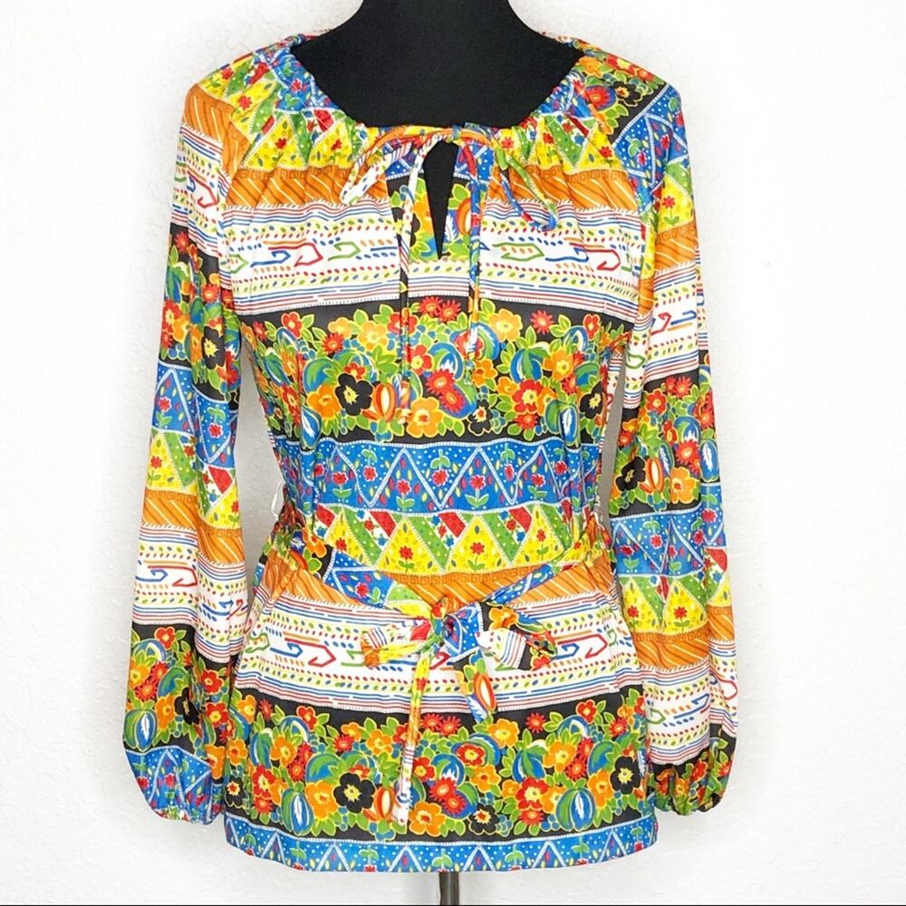 Vintage Jane Holly colorful stripe floral belted top size 12 or Large